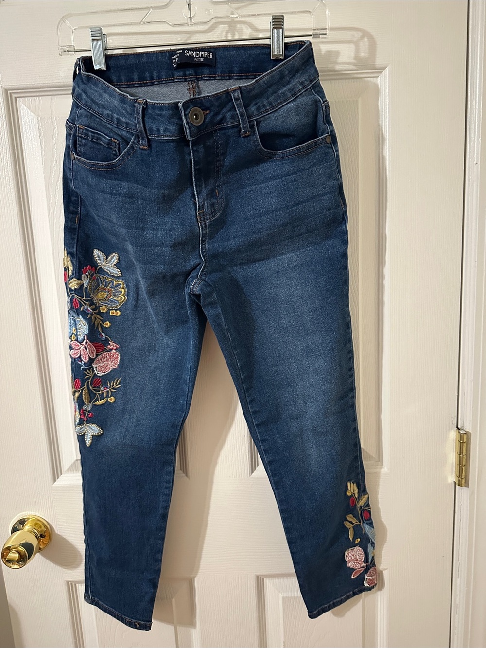Sandpiper Dark Blue Cropped Jeans with Floral Embroidery